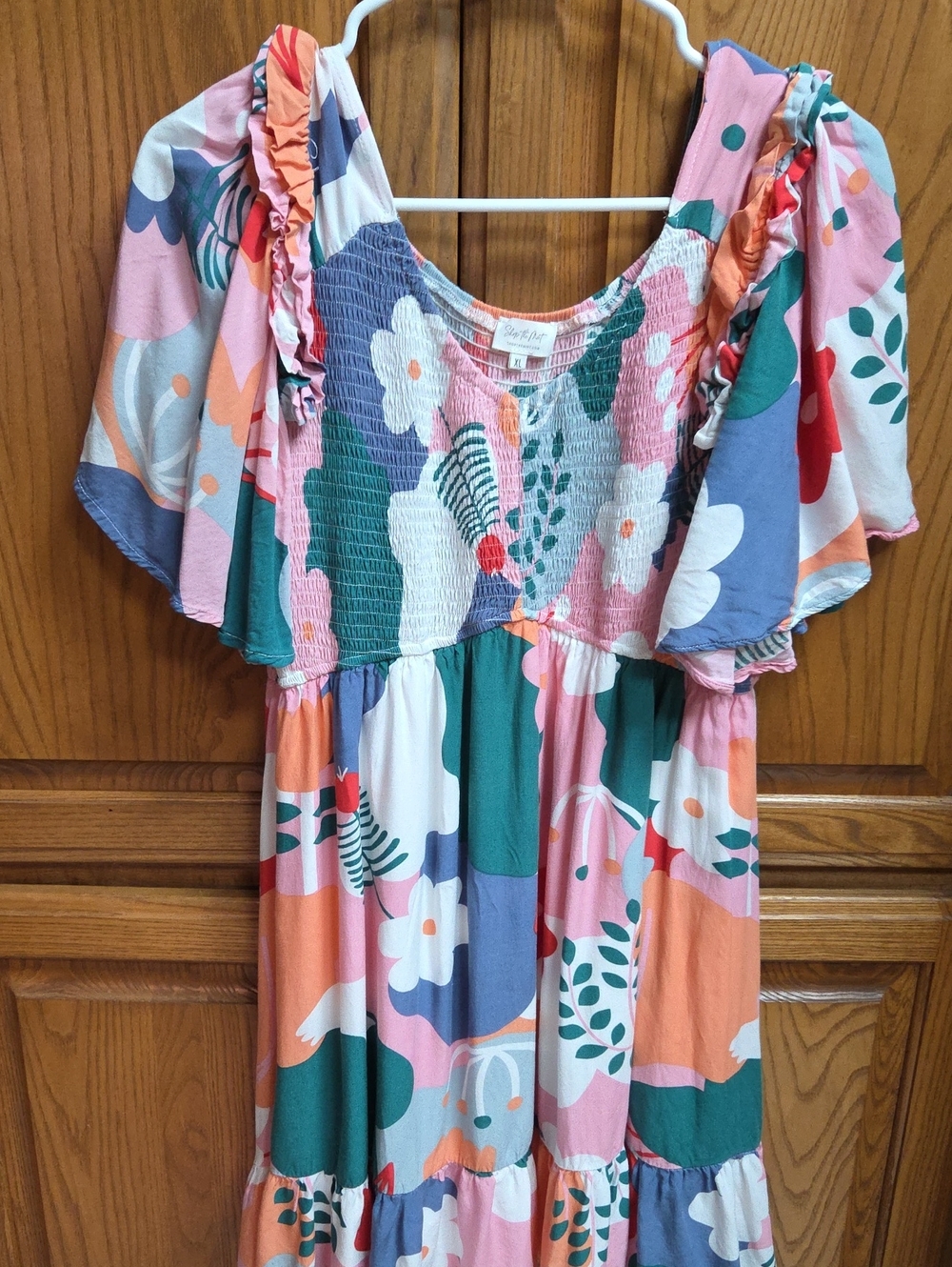 Smocked Flutter-Sleeve Floral Midi Dress in Pink & Green